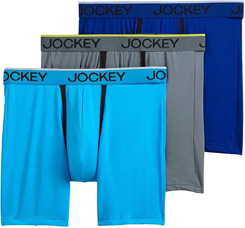 Jockey Men's Underwear Chafe Proof Pouch Microfiber 6" Boxer Brief - 3 Pack, Bright Aqua/Iron Grey/Blue Jay, XL