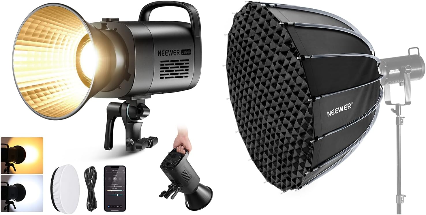 NEEWER CB120B 120W LED Video Light with 2.4G&APP Control COB Bi Color 2700K-6500K 78000lux and NS90P 35.490cm Parabolic Softbox Bowens Mount, Quick Release with Diffusers