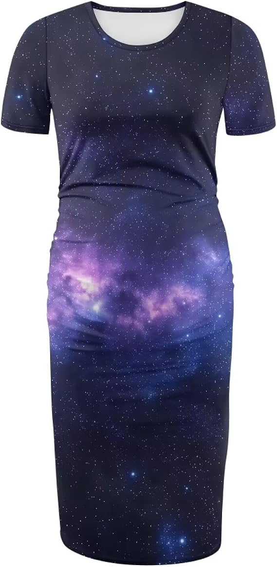 Maternity Dress Short Sleeve Round &Side Ruching Design Elastic&Soft Fabric Dresses Pregnancy Clothes S-2XL