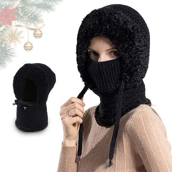 1PCS 3 in 1 Beanie Hat for Women, 3 in 1 Beanie Hat with Scarf and Mask, Winter Womens Knitted Hats with Neck Gaiter and Face Mask, Fall Winter Warm Knitted Windproof for Outdoor Skiing Hiking(Black)