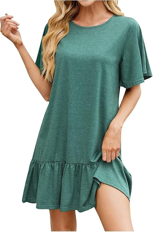 Women's Solid Color Round Neck Loose Short Sleeve Pleated Dress Ruffle Hem Mini Babydoll Dresses Flowy Sundress