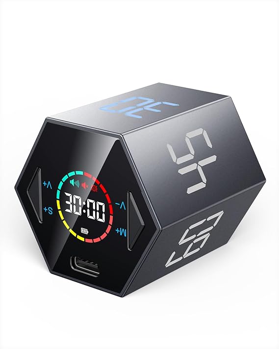 Ticktime Pomodoro Timer Cube, Hexagon Productivity Timer, Pause & Resume, Silent, Vibrate & Adjustable Sound Alert, for ADHD, Task, Work, Study, 5/15/25/30/45/60min & Custom Countdown, Gray