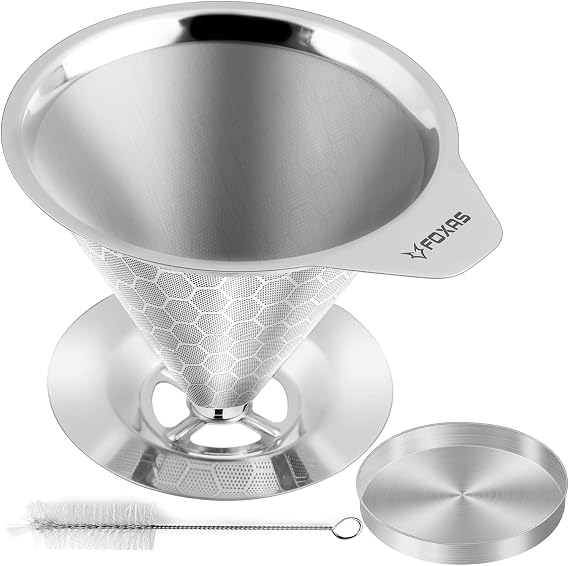 Pour Over Coffee Dripper Filter, Reusable Stainless Steel Metal Pour Over Coffee Maker Cone,Paperless Permanent Coffee Strainer,Coffee Mesh Filters for 1-4 Cup with Base and Cleaning Brush