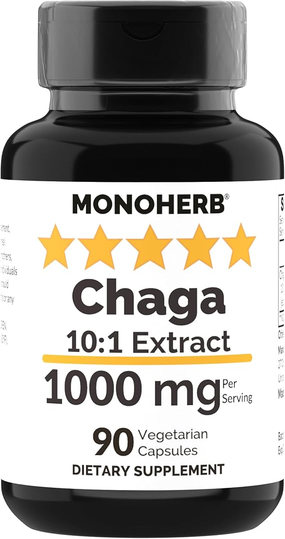 MONOHERB Chaga Mushroom 10:1 Extract - 1000 mg per Serving - Serving Size: 2 Capsules - 45 Servings per Bottle