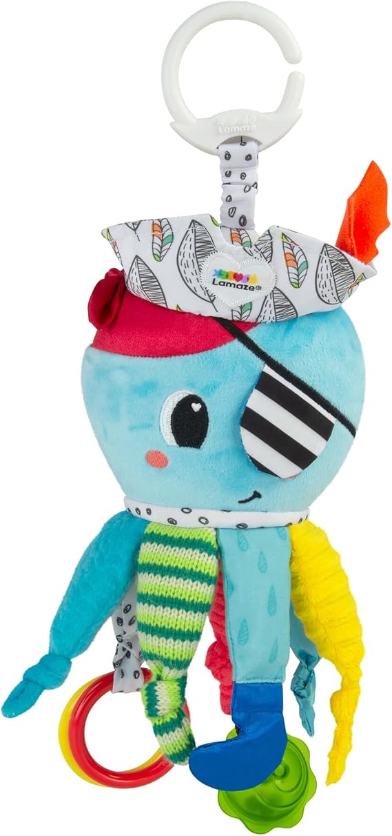 LAMAZE Captain Calamari Clip On Car Seat and Stroller Toy - Soft Baby Hanging Toys - Baby Crinkle Toys with High Contrast Colors - Baby Travel Toys Ages 0 Months and Up