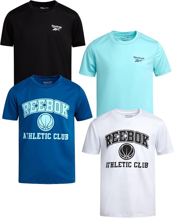 Reebok Active Boys Tshirts - 4 Pack Dry Fit Crew Neck Short Sleeve Boys Athletic Shirts Youth Kids Activewear