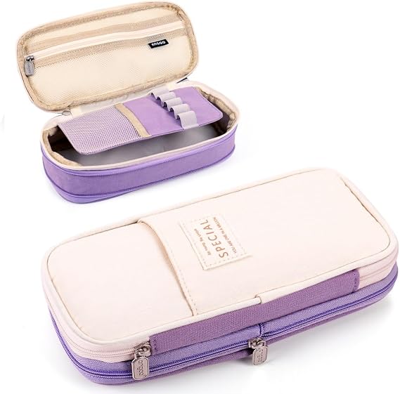 MAMUNU Large Capacity Pencil Case Pen Bags Pencil Pouch for School Girls Boys, Pencil CAE with Layers and Pencil Solts for Stationary Supplies (Purple Beige)