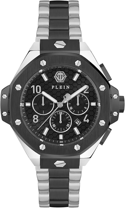 Philipp Plein Plein Chrono Royal Collection Luxury Mens Watch Timepieces with a Two Tone Bracelet and Case Featuring a Black Dial