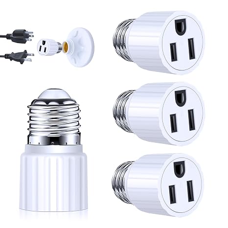 3Pack 3 Prong Light Socket to Plug Adapter,Polarized Light Socket Adapter, E26/E27 Light Socket Outlet,Polarized Screw in Outlet, Light Socket to Plug Adapter for 2/3 Prong, for Garage Porch Patio