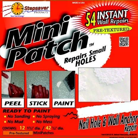 Stepsaver Products USA Made Mini Patch Textured Wall Repair Kit. Repair Nail and Wall Anchor Sized Holes (1) Pack Provides 54 Small Hole Repair Patches.