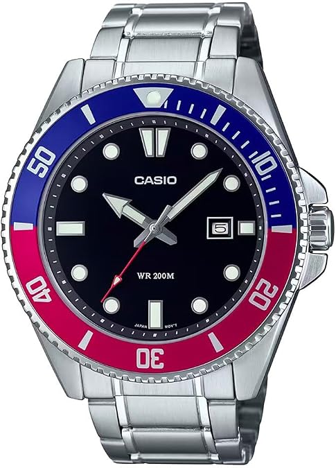 Casio MDV107D-1A3V Men's Stainless Steel 200M Red/Blue Bezel Black Dial 3-Hand Anlog Dive Watch