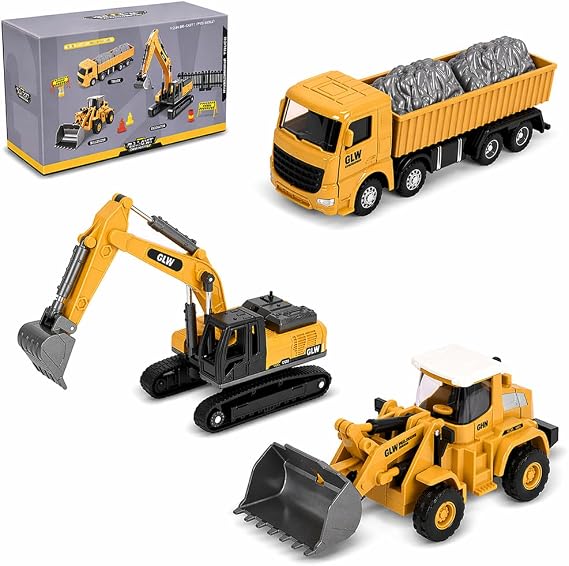 Alloy Mini Construction Vehicles, 3Pcs Die-cast Metal Toy Set with Pull Back Action - Excavator, Dump Truck, Bulldozer for Toddlers & Kids 3 4 5 6 7 Years Old Boys Toys