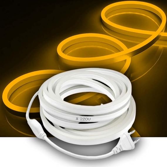 Neon Led Işık Esnek Şerit Led Aydınlatma 220v Fişli, Dekoratif Işıklandırma, İç Mekan ve Dış Mekan, Metre ve Renk Seçenekli, 8x16 mm, Metrede 120 Adet Ledli (Amber, 10 Metre) [Enerji Sınıfı A]