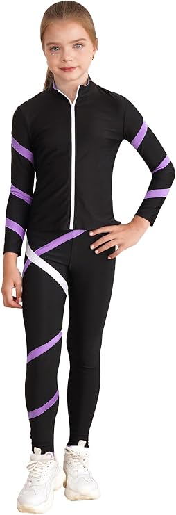 Kids Girls Figure Ice Skating Training Suit Skating Jacket with Practice Leggings Set Activewear