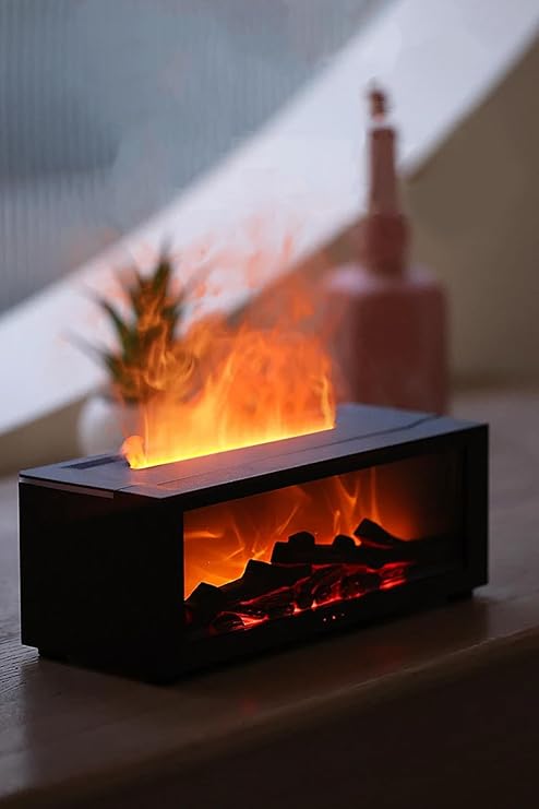 Şömine Görünümlü Alev Efektli Hava Nemlendirici 3D Alev Aroma Difüzörü Aroma Terapi Buhar Makinesi SİYAH