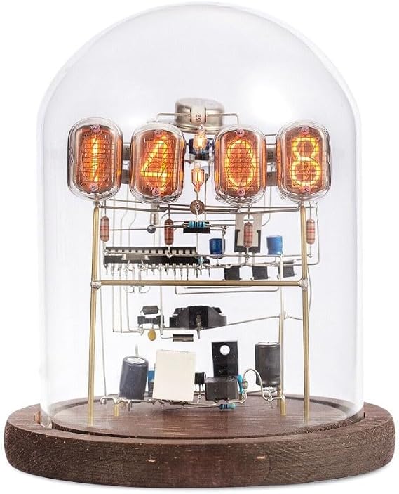 IN-12 Nixie Tube Clock DIY Kit, Retro Glow Digital Display With RGB Backlight, IPS Simulation LED Desk Clock, Glass & Wood Base, USB Powered, 24H Format(B)