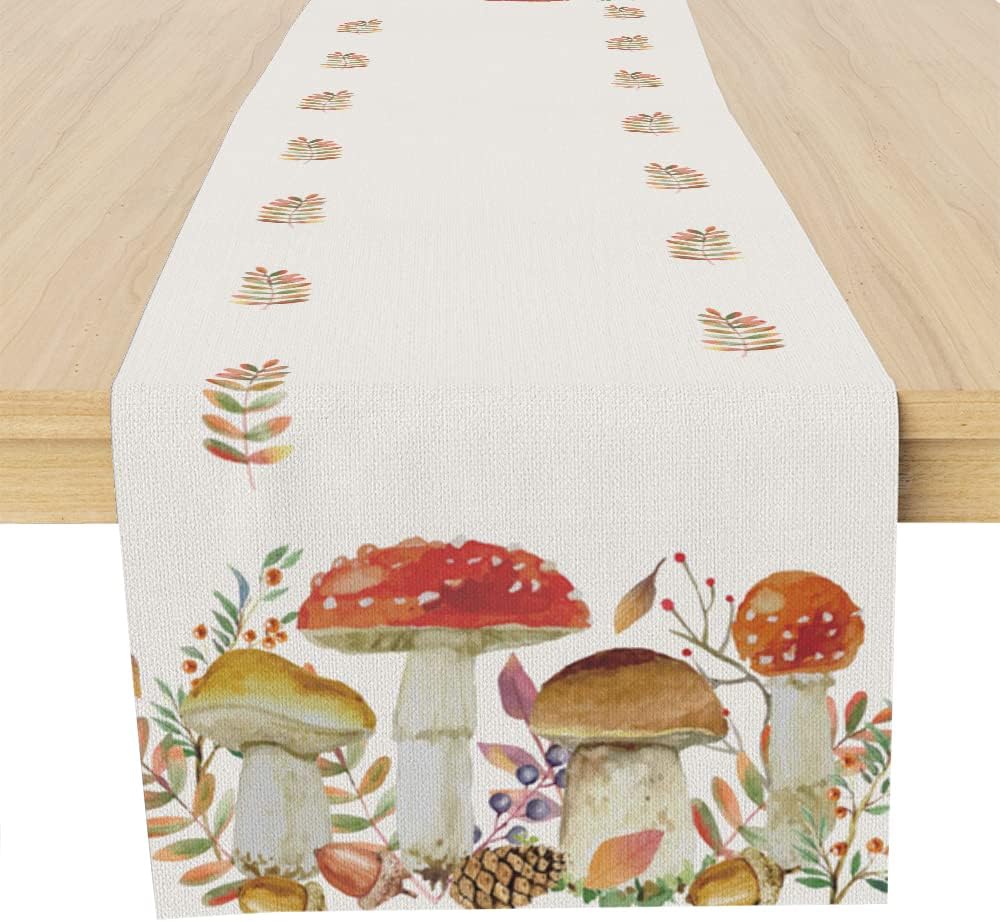 Fall Mushroom Table Runner, 72 Inches - Autumn Seasonal Decor for Dining Room, Kitchen, Farmhouse Table - Holiday Party, Housewarming Gifts