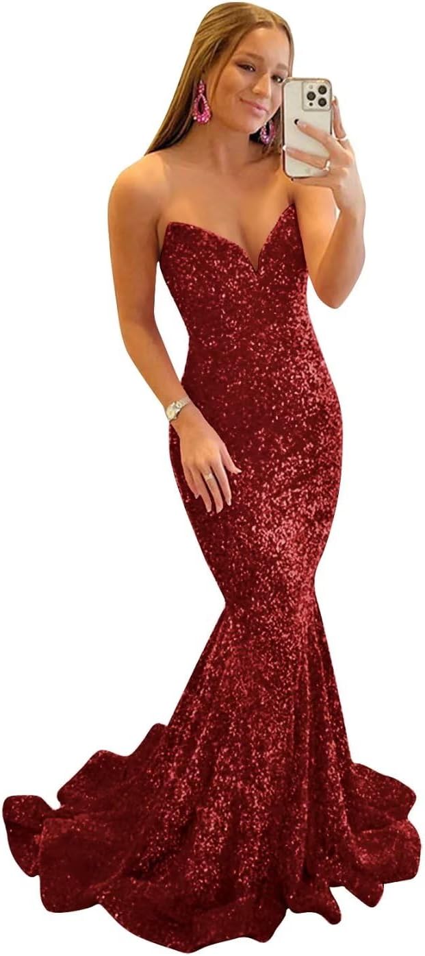 Sequin Mermaid Prom Dresses for Women 2025 Strapless Bodycon Evening Dress Long Formal Dress