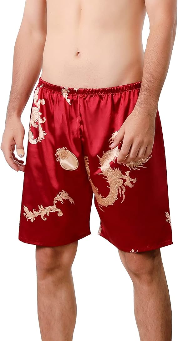 Lu's Chic Men's Satin Boxers Underwear Shorts Silk Dragon Luxury Loungewear Pajama Pants
