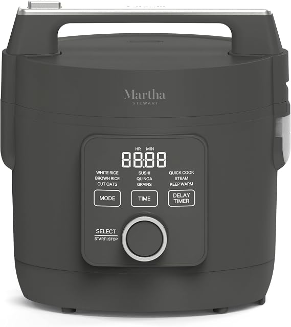 Martha Stewart 8 Cup Cooked (4 Cup Uncooked) Rice Cooker & Steamer, Caviar | PFAS-Free Ceramic Nonstick Removable Pot, 9 Modes, Keep Warm, Steamer, White & Brown Rice, Quinoa, Grains, Oats, Easy Clean