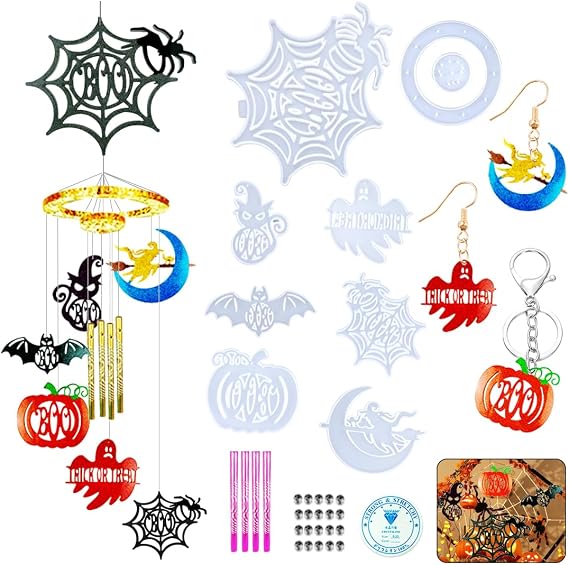 Koonafy 8 Pieces Wind Chime Molds Resin Molds Spider Shape Epoxy Mold Halloween Resin Molds Silicone Kit for DIY Craft Making Decoration Supplies