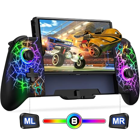 Gammeefy Switch Controller Hall Effect Joysticks & Enhanced Grip One Piece Switch Joypad Replacement Switch Pro Controller with 8-Color RGB Lighting, Turbo, Macros - Spider Web, 6.2"/7"