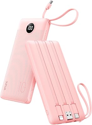 VRURC Portable Charger Power Bank, 10000mAh Travel Essentials Battery Pack, Compact Charging Bank Built-in Cables Cords Compatible with iPhone 17 Pro 17 16 15 14 13, Samsung Phones-Pink1 Pack