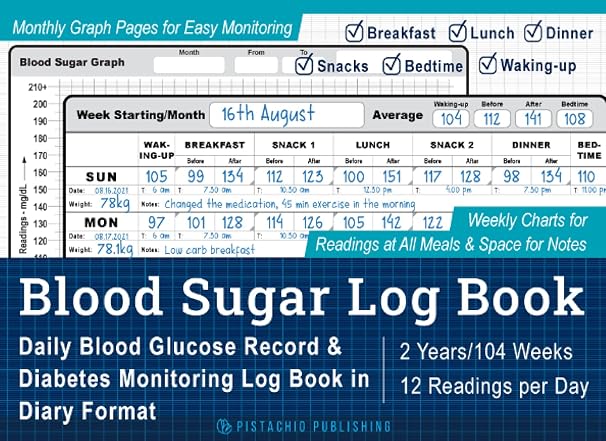 Blood Sugar Log Book - 2 Years/104 Weeks: Easy to Use Daily Blood Glucose Record & Diabetes Monitoring Log Book in Diary Format - Readings for Before & After Meals, Waking-up & Bedtime with Notes
