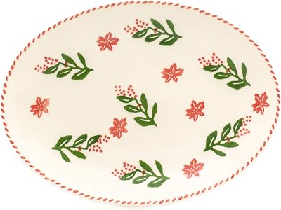 Euro Ceramica Natal Collection Festive 13.8 Ceramic Oval Serving Platter, Holiday Holly Design, Multicolor