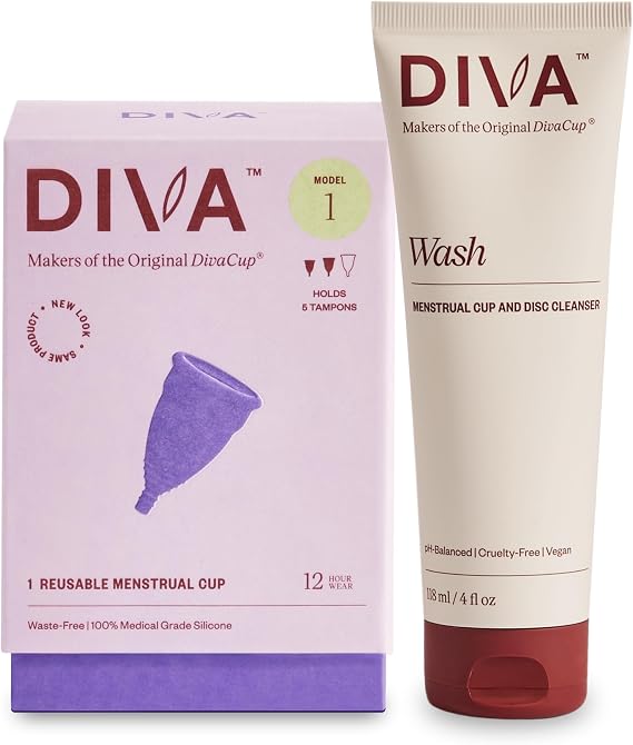 Diva Cup & Diva Wash Combo Pack - Medical Grade Silicone Cup for Period Care - Reusable Menstrual Cup - Cleaner for Period Cup - Cup Model 1 (for Medium to Heavy Flow)