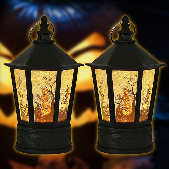 Halloween Lanterns Pumpkin Witch Decorations 2 Pack, Battery Operated Flickering Light, Indoor Party Decor for Halloween Table Centerpieces