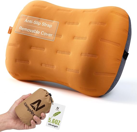 Inflatable Camping Pillow - Ultralight Compact Air Pillow for Travel, Backpacking & Hiking - Ergonomic Neck & Lumbar Support - Portable Inflatable Pillow with Removable Washable Cover - Orange
