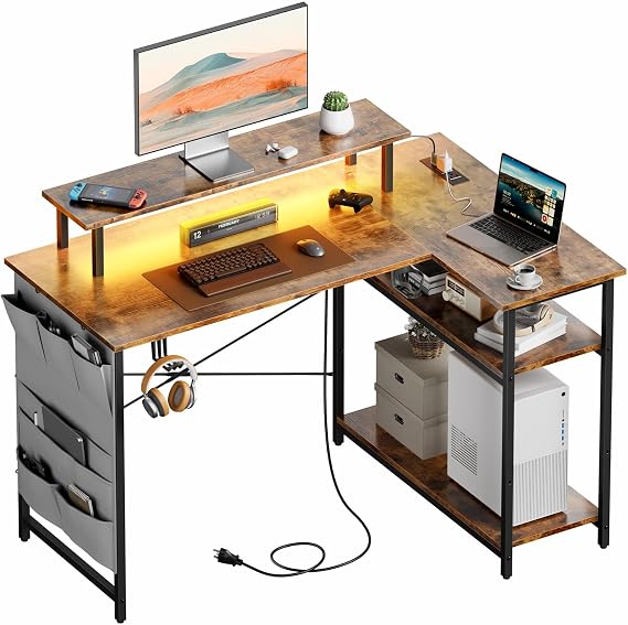 HLDIRECT L Shaped Computer Desk with Built-in Power Outlet & LED Strip