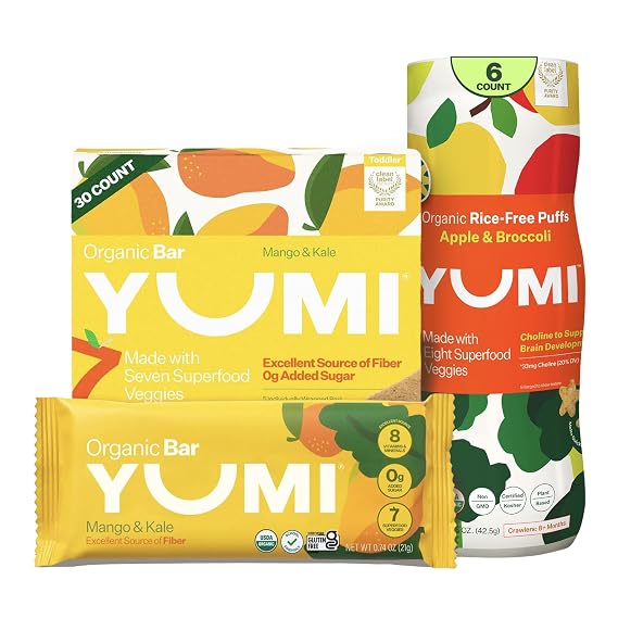 Yumi Organic Toddler Snacks Bars - Gluten-Free, No Added Sugar, 7+ Vegetables, Mango & Kale (30ct.) & YUMI Rice-Free Baby Puffs - No Sugar Added, Gluten-Free, Non-GMO, Apple & Broccoli (6ct.)