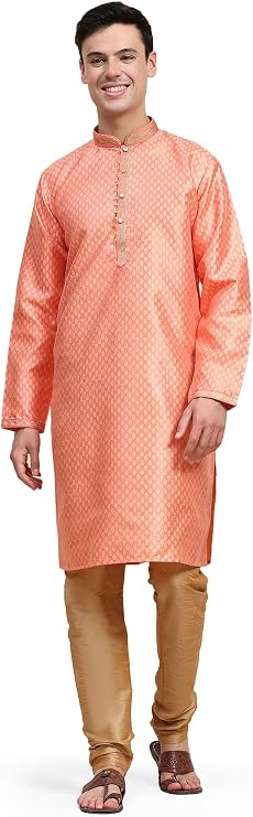 SKAVIJ Men’s Jacquard Silk Kurta Pajama Set | Festive Ethnic Wear for Men | Traditional Long Sleeve Kurta with Churidar Pajama | Perfect for Diwali, Wedding & Festival Celebrations Red_Medium, M