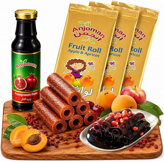 Anjoman Apricot Fruit Bars – 3 Sheets (300g) with Pomegranate Paste (280g), Sour Sauce & Lavashak – Intense Flavor Snack Bundle