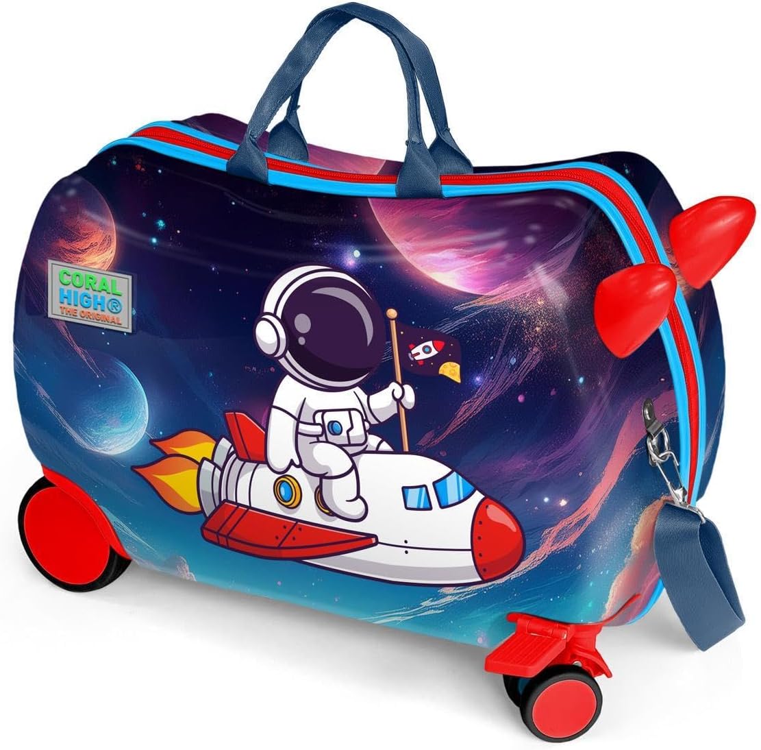 Coral High Kids Kırmızı Lacivert Astronot Desenli Otur-Çek Çocuk Valizi 16364