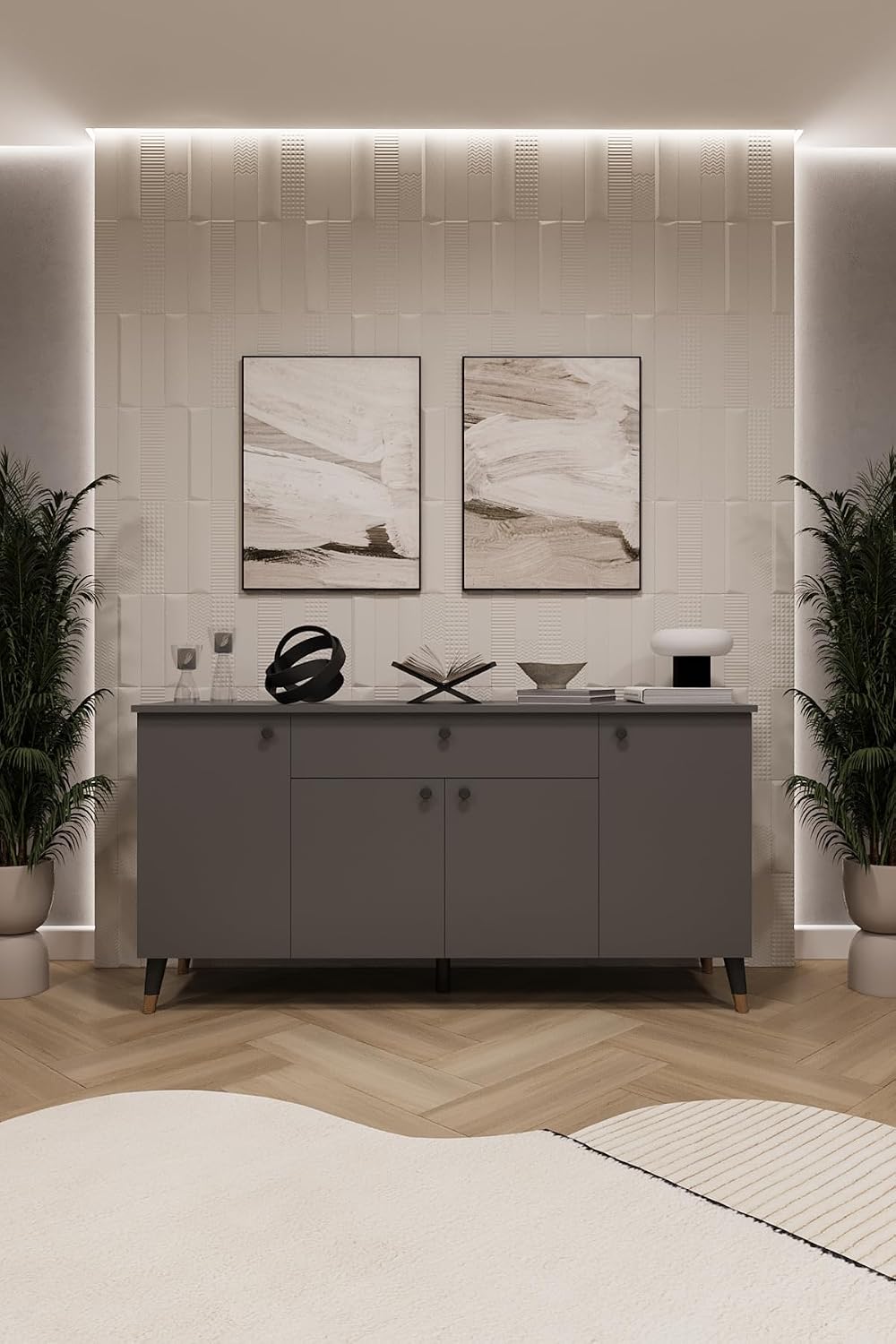 ASRA TREND Lüks Konsol TV Ünitesi%100 MDF Salon ve Yemek Odası Ünitesi KNSL-03 Koyu Gri 160x80x45 cm 1 Çekmeceli 4 Kapaklı Modern Büfe