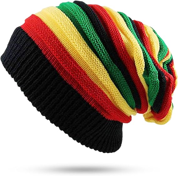 Rasta Hat, Knit Reggae Jamaican Cap, Rainbow Colorful Beanie Skull Hat, Hippie Slouchy Baggy Cap with Rasta Stripes for Cosplay Party Decoration Winter Autumn
