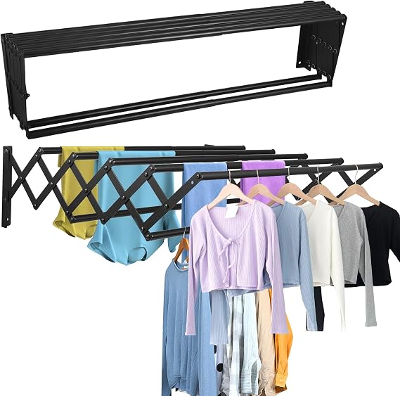 Wall Mounted Clothes Drying Rack, Foldable Clothes Airer for Laundry, Retractable Laundry Drying Rack, Collapsible Clothes Rail with 7 Drying Rods, Space Saver, Indoor and Outdoor Use, 80cm
