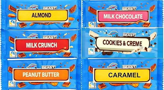 Beast Chocolate Bar Mix Bundle - x1 Milk, x1 Almond, x1 Crunch, x1 Peanut Butter, 1x Cookies and Cream 1 x Caramel | 60g Bars
