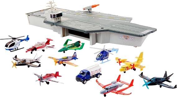 Matchbox Aircraft Carrier Playset,10 Die-Cast Sky Buster Toy Airplanes & 1 Die-Cast 1:64 Scale Toy Car, Expands to 20 Inches, Includes Missile Launcher & Storage