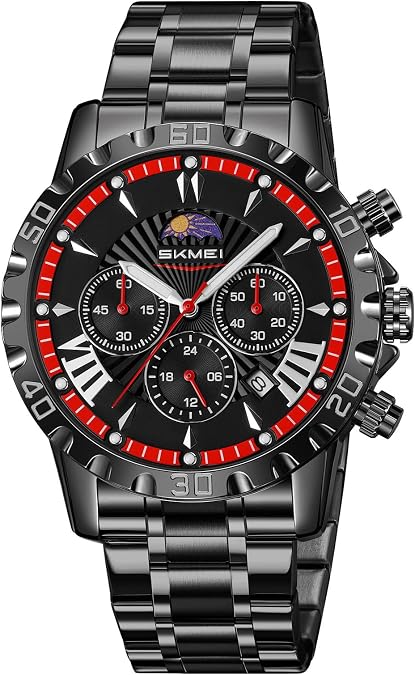 Men's Moon Phase Chronograph Watch Stainless Steel Quartz Watch