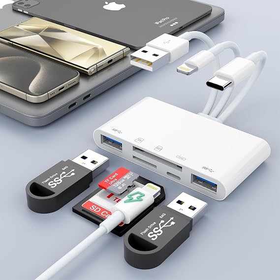 5-in-1 SD Card Reader for iPhone with USB-C, USB-A & OTG Adapter | Lightning, USB-C & USB-A Card Reader with SD/TF Slots, USB Port and Charging for iPhone, iPad, Android, MacBook & PC