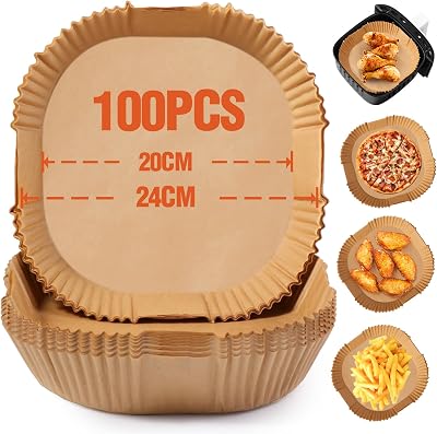 Air Fryer Baking Paper 20cm, 100pcs Baking Paper for Air Fryer, Disposable Non-stick Paper Liners Air Fryer Accessories, for 5-8L Oil-Free Deep Fryer Square
