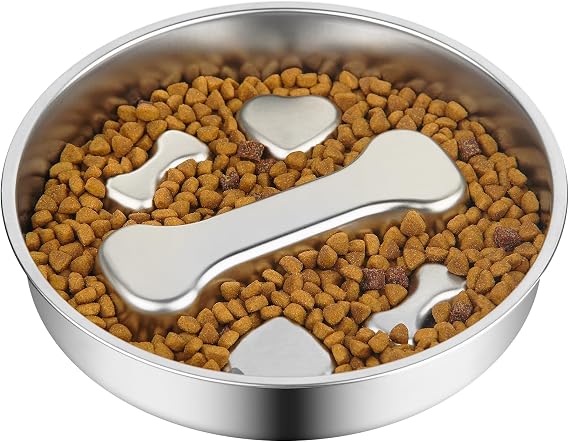 Novery Slow Feeder Dog Bowl - 2 Cups Stainless Steel Dog Slow Feeder Food Bowl, Metal Non-Slip Lick Plate,Puppy or Cat Food Holder,Pet Supplies,Puzzle Maze Dish for Medium Sized Breeds