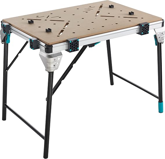wolfcraft I MASTER work 1600 I 6909000 I Workbench I Mobile Foldable Work Table for Workshop and Construction Site I Height Adjustable Foot I Use with Drill Stand I Dimensions 1035 x 695 mm