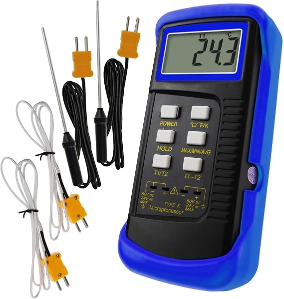 Digital 2 Channels K-Type Thermometer w/ 4 Thermocouples (Wired & Stainless Steel),50~1300°C (-58~2372°F) Handheld Desktop High Temperature Kelvin Scale Dual Measurement Meter Sensor