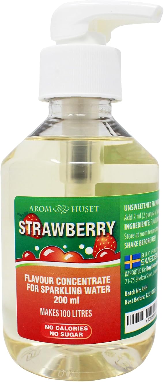Aromhuset Strawberries Water Drops 200 ml – Pump Bottle – Makes 100 Litres with 1:500 – Zero Sugar & No Calories - Just Add 2 Pumps to 1 Litre Sparkling Water