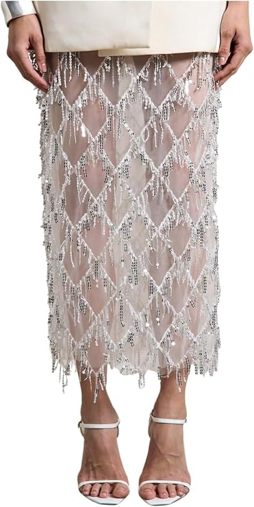 Women's Sequin Maxi Skirts Sheer Fringe Glitter Tassel Sparkly Party Club Elegant Cover up Pencil Long Skirt